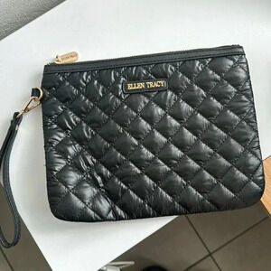 Ellen Tracy Quilted Black Wristlet Clutch Purse – Detachable Strap – 9x7” Nylon